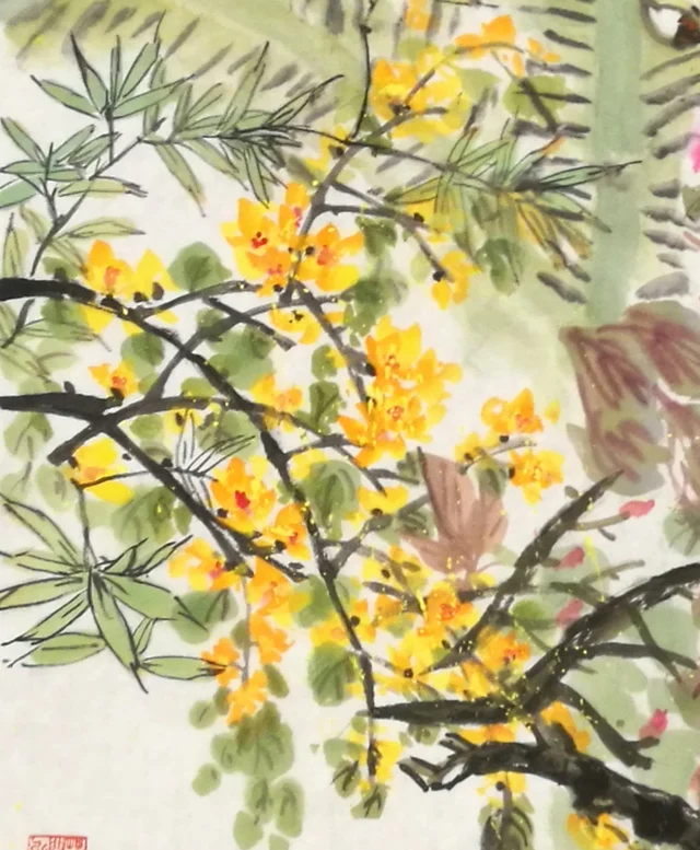 Small golden flowers crowding twisting boughs.