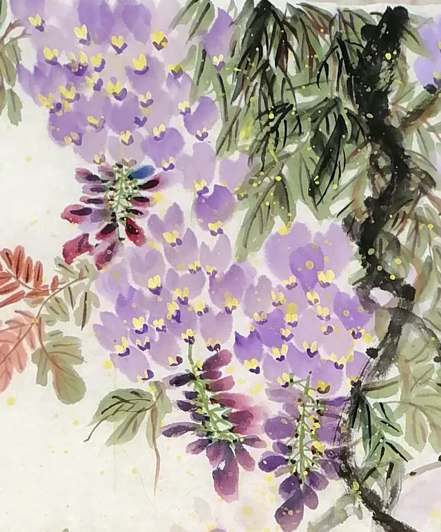Wisteria clusters at the top, dabbed in layers.