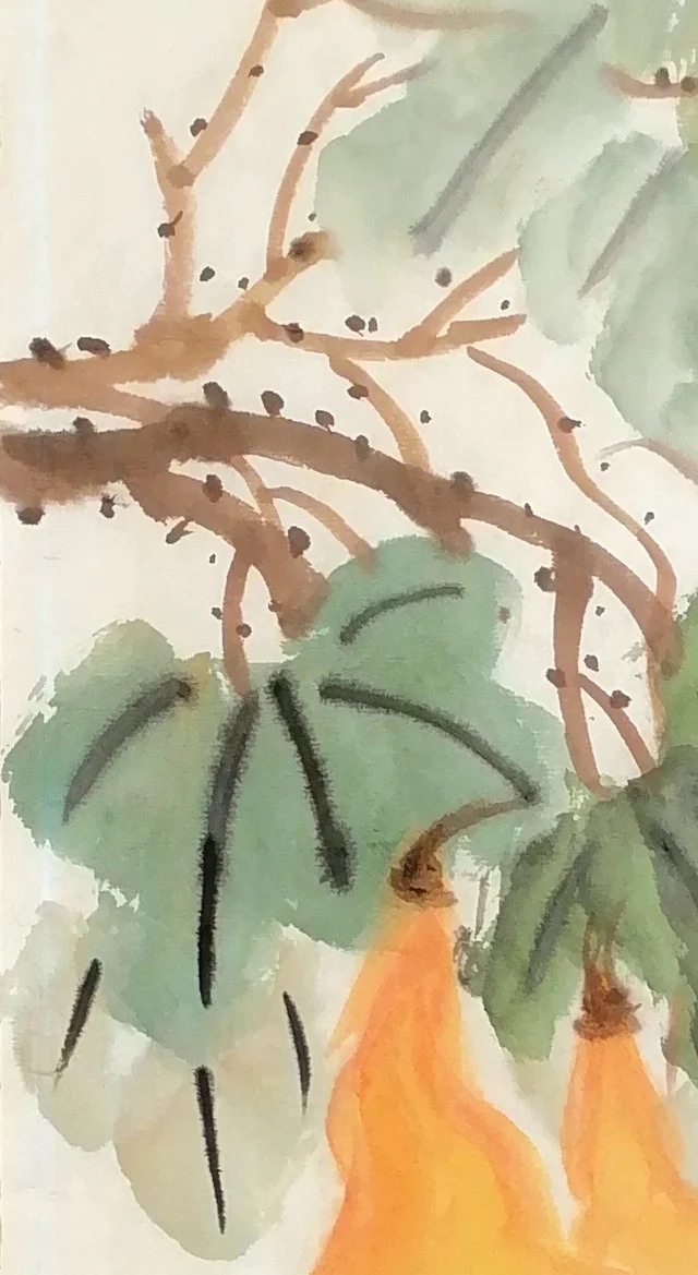 The old vine in brown ink, with broad pale-green leaves.