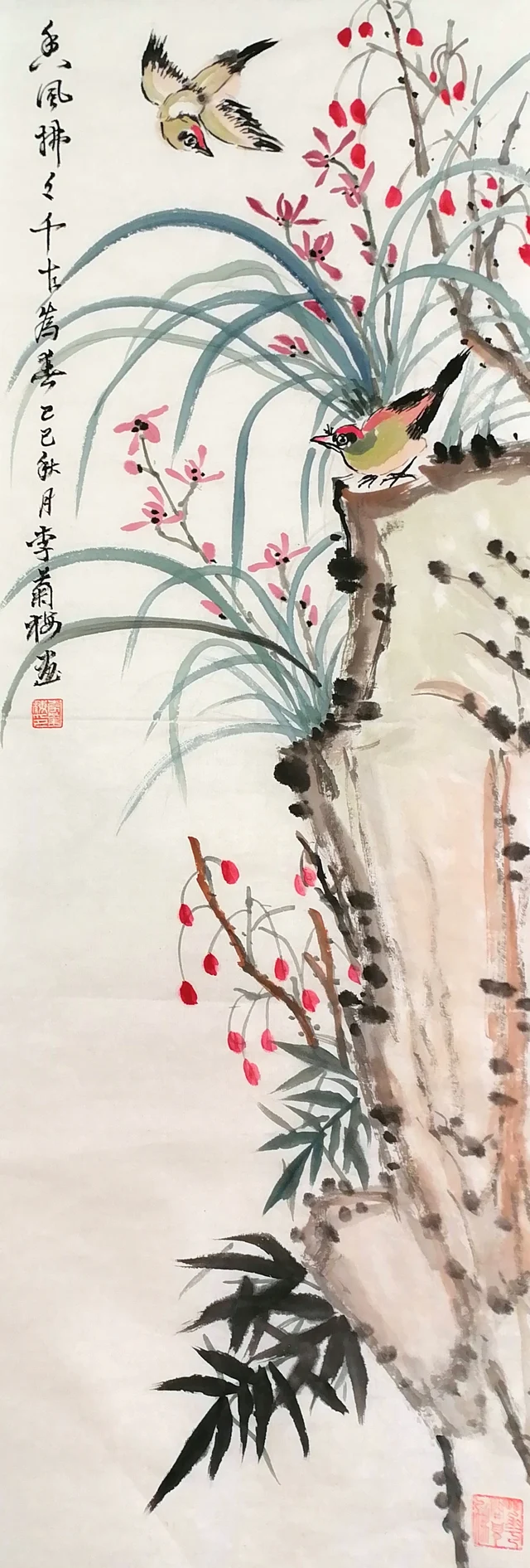 Orchid: a steep rock, red berries and two birds.