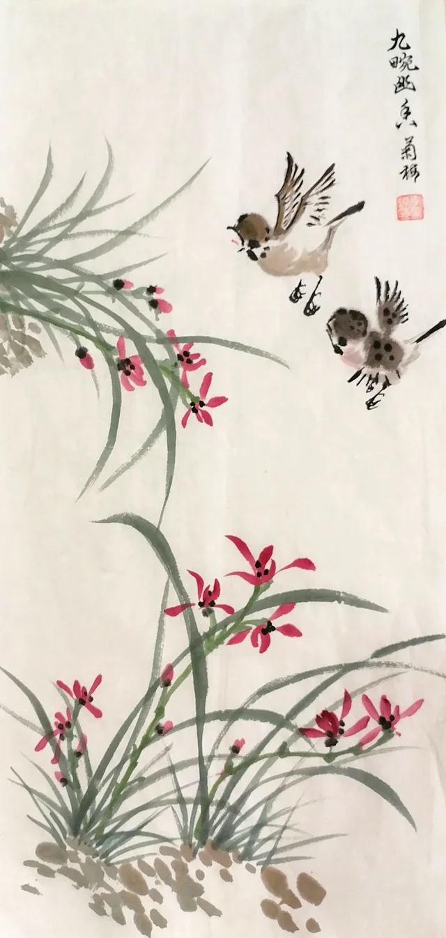 Orchid: orchids on a pebbly bank and two sparrows.