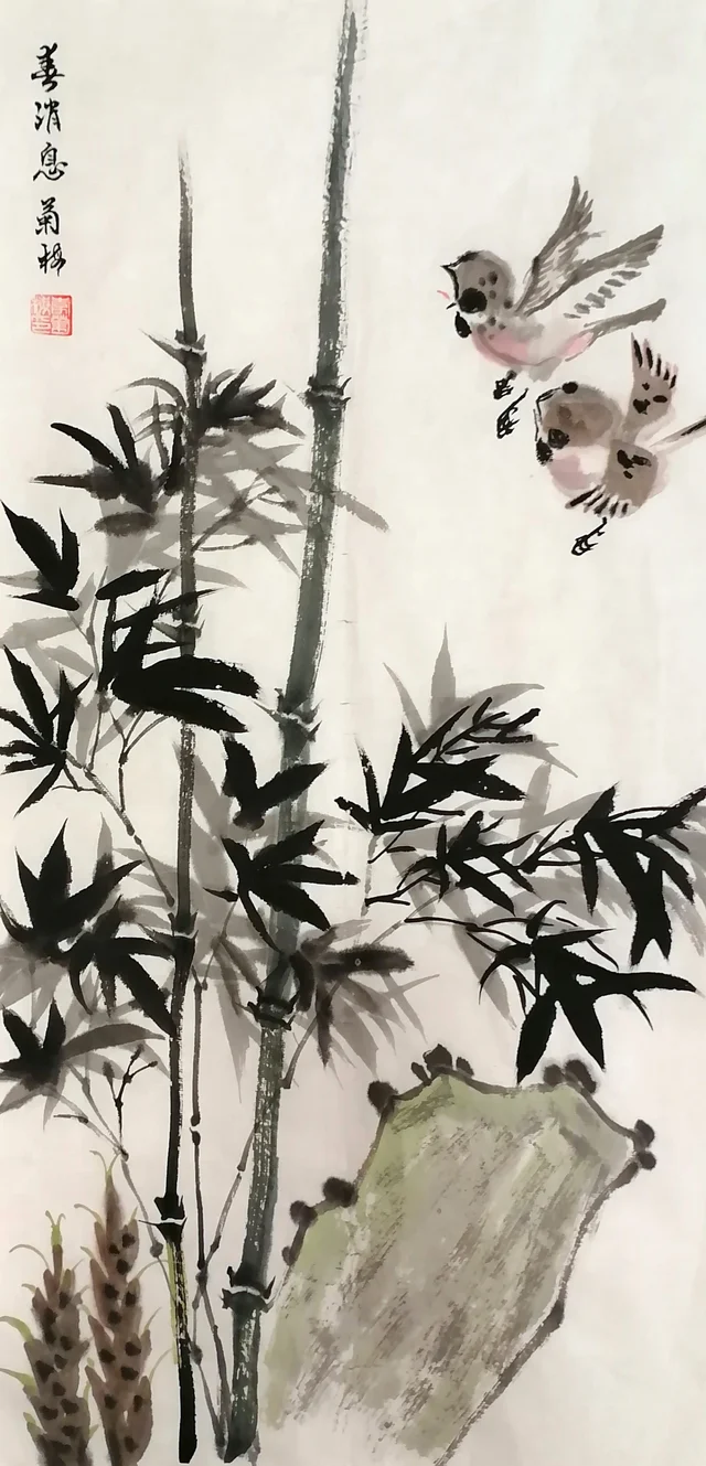 Bamboo: ink bamboo, shoots, a rock and two sparrows.