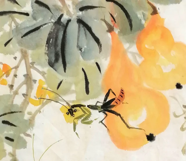 Hanging gourds and two insects face to face.