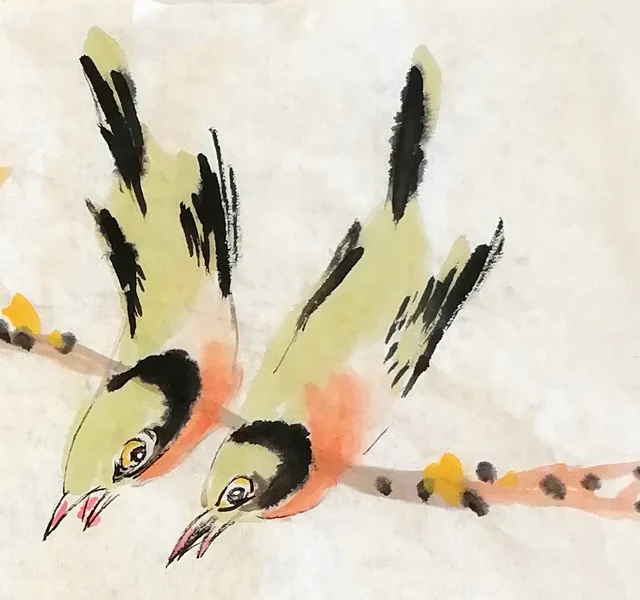 The pair of orioles looking down.