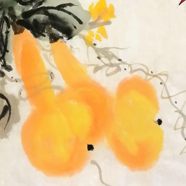 Orange gourds hanging side by side.