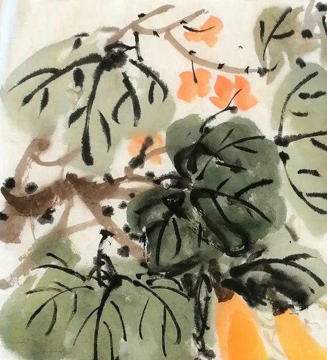 Broad leaves in dark and pale ink.