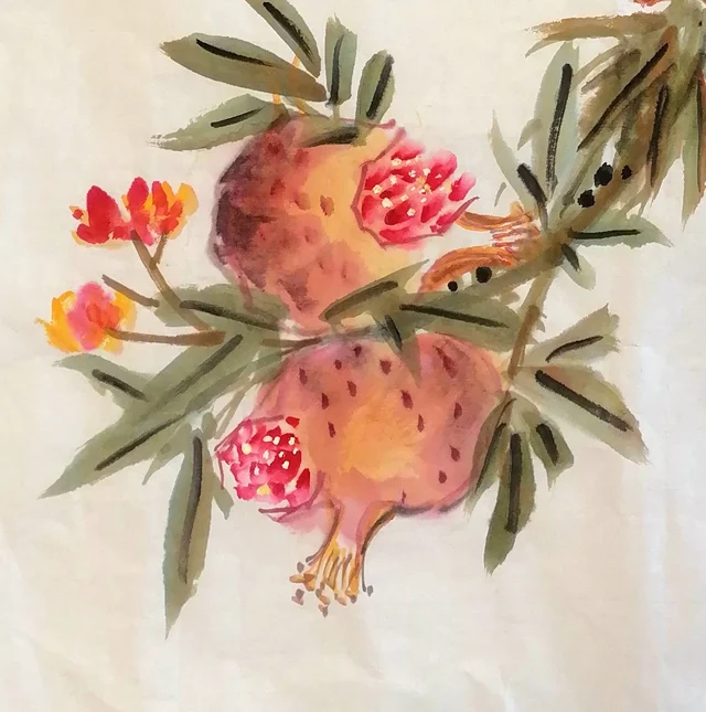 Pomegranates and red flowers at the lower left.