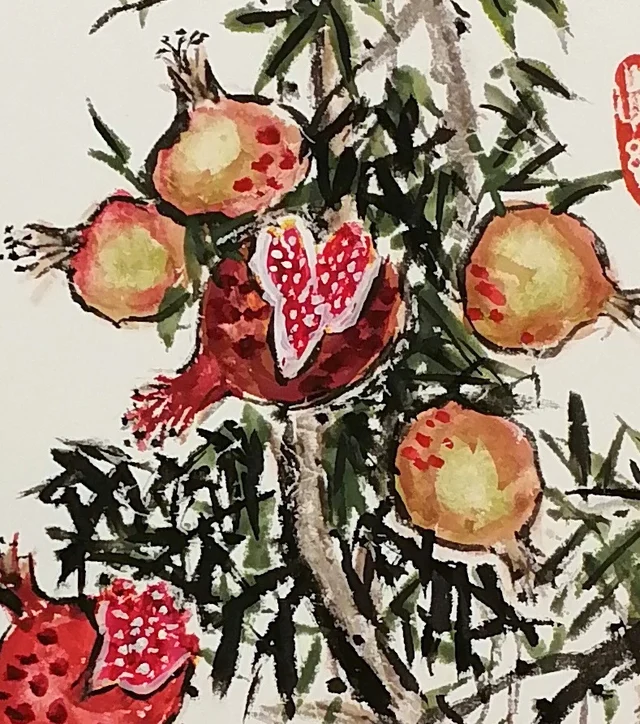 Split pomegranates, the seeds outlined in white.