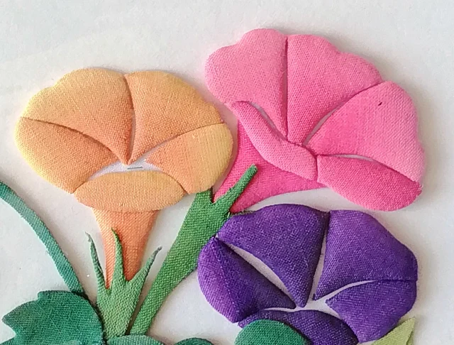 Orange, pink and purple flowers, the ground showing through between the petals.