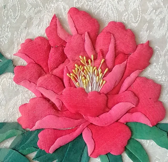 The full bloom, scarlet and pink petals gathered in layers.